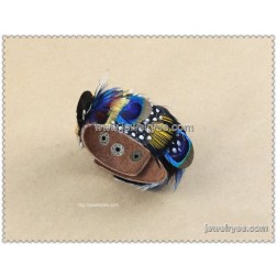Cheap Feather Bracelet-Wholesale Feather Bracelet-Vintage,Animal Bird Feather,Peacock Feathers,Genuine Leather-HF100010114